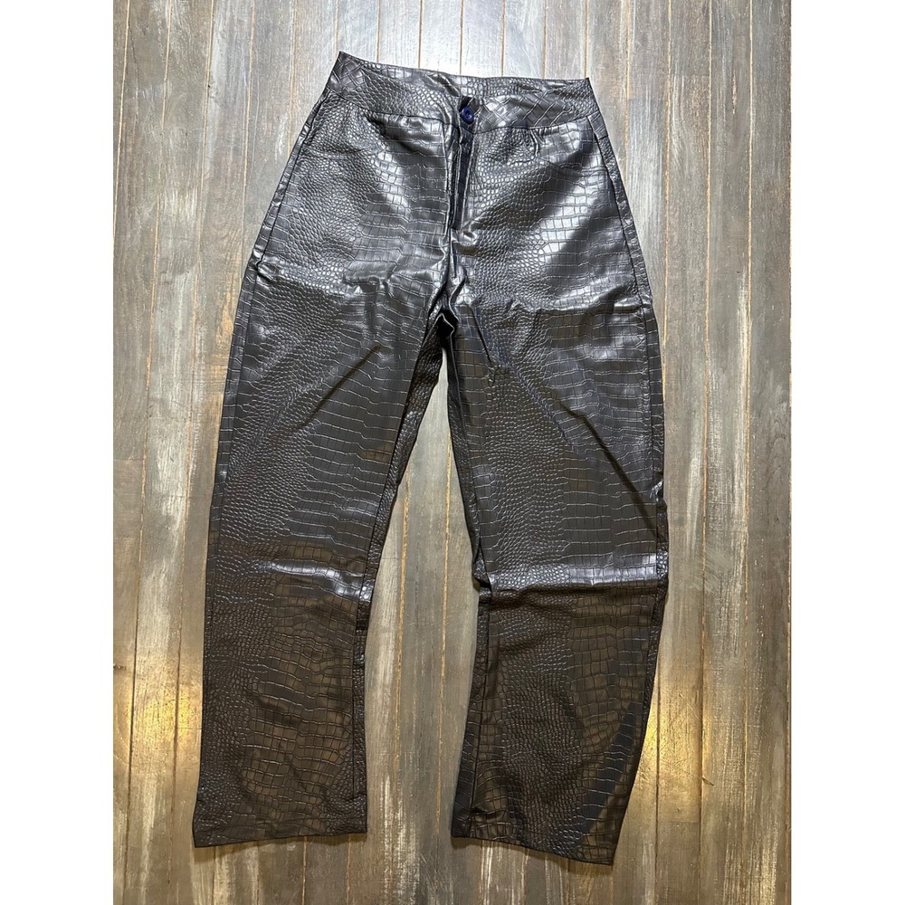 Denimoi Black Crocodile Embossed Faux Leather Wide Leg‎ Pants